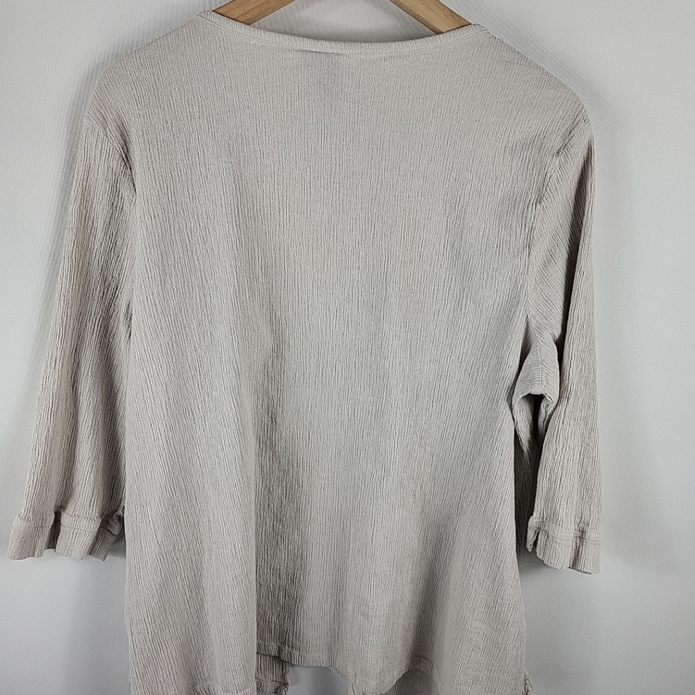 Focus Casual Life Taupe Cream Blouse Buttons Asymmetrical Lagenlook Size L - Picture 2 of 5